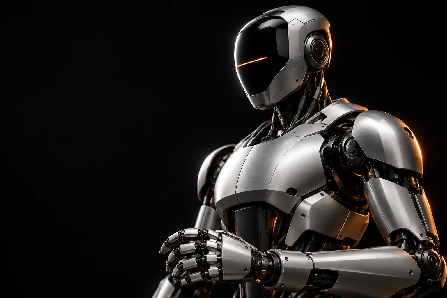 Vexkin humanoid concept in brushed silver with a dark visor