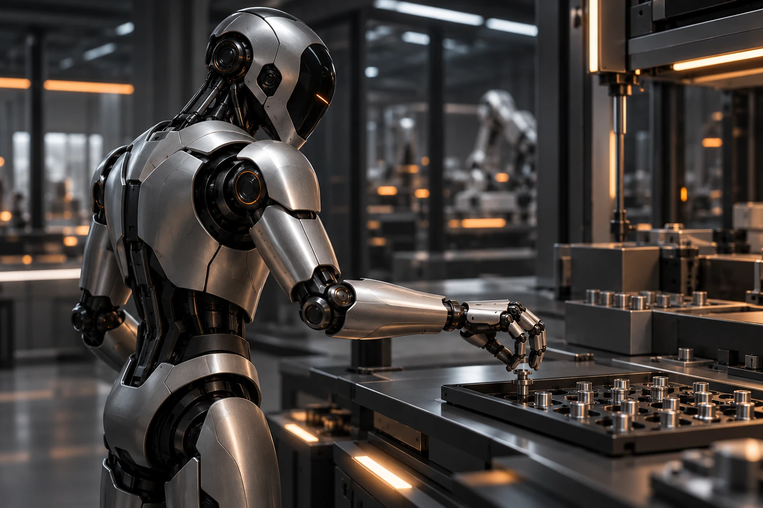 Humanoid concept working at a precision manufacturing station